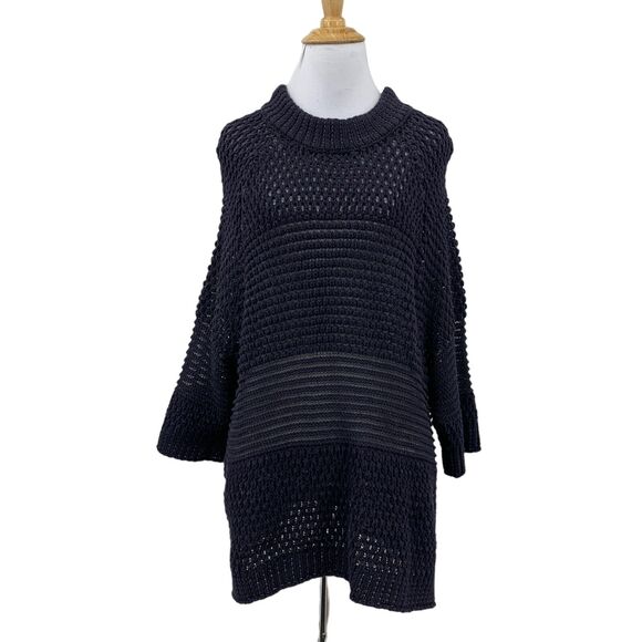 Moth Open Knit Tunic Sweater Womens L Navy Pullover 3/4 Sleeves High Crew Neck - Picture 1 of 11